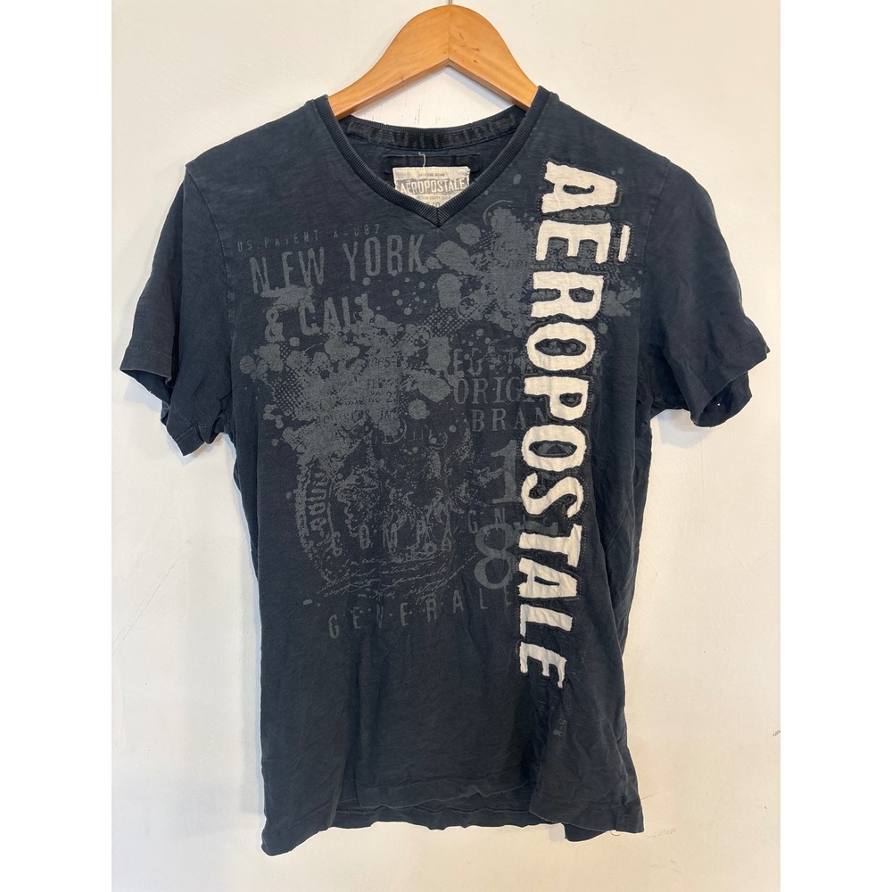 Aeropostale Mens V-Neck Graphic Tee Faded Navy Blue Distressed Logo Small - Picture 1 of 9